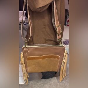 Leather Boho Fringe Crossbody Bag Western Croc Embossed Adjustable Strap